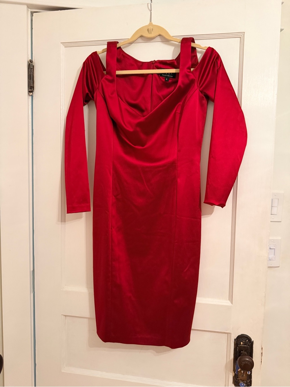 David Meister Red Satin Long-Sleeve Sheath Dress